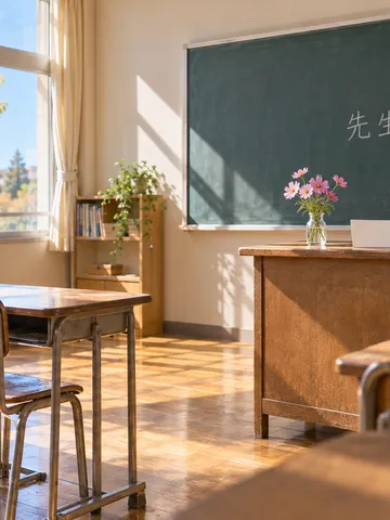 黒板に「先生ありがとう」と書かれた秋の教室