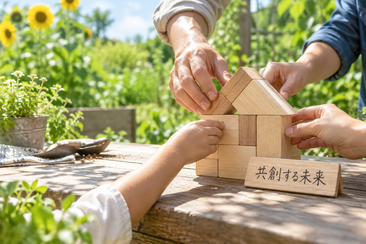 庭の作業台で皆が木の積み木を組む手元