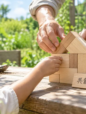 庭の作業台で皆が木の積み木を組む手元