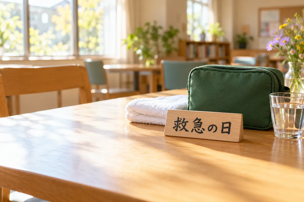 「救急の日」と書かれた木の札と救急ポーチ