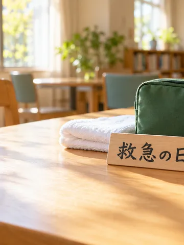 「救急の日」と書かれた木の札と救急ポーチ