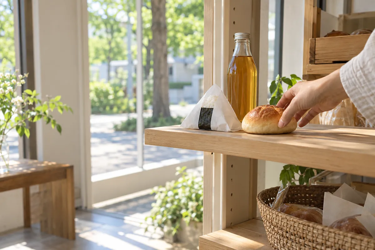 明るい店内の棚に並ぶおにぎりとパンとお茶