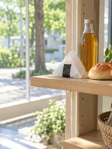 明るい店内の棚に並ぶおにぎりとパンとお茶
