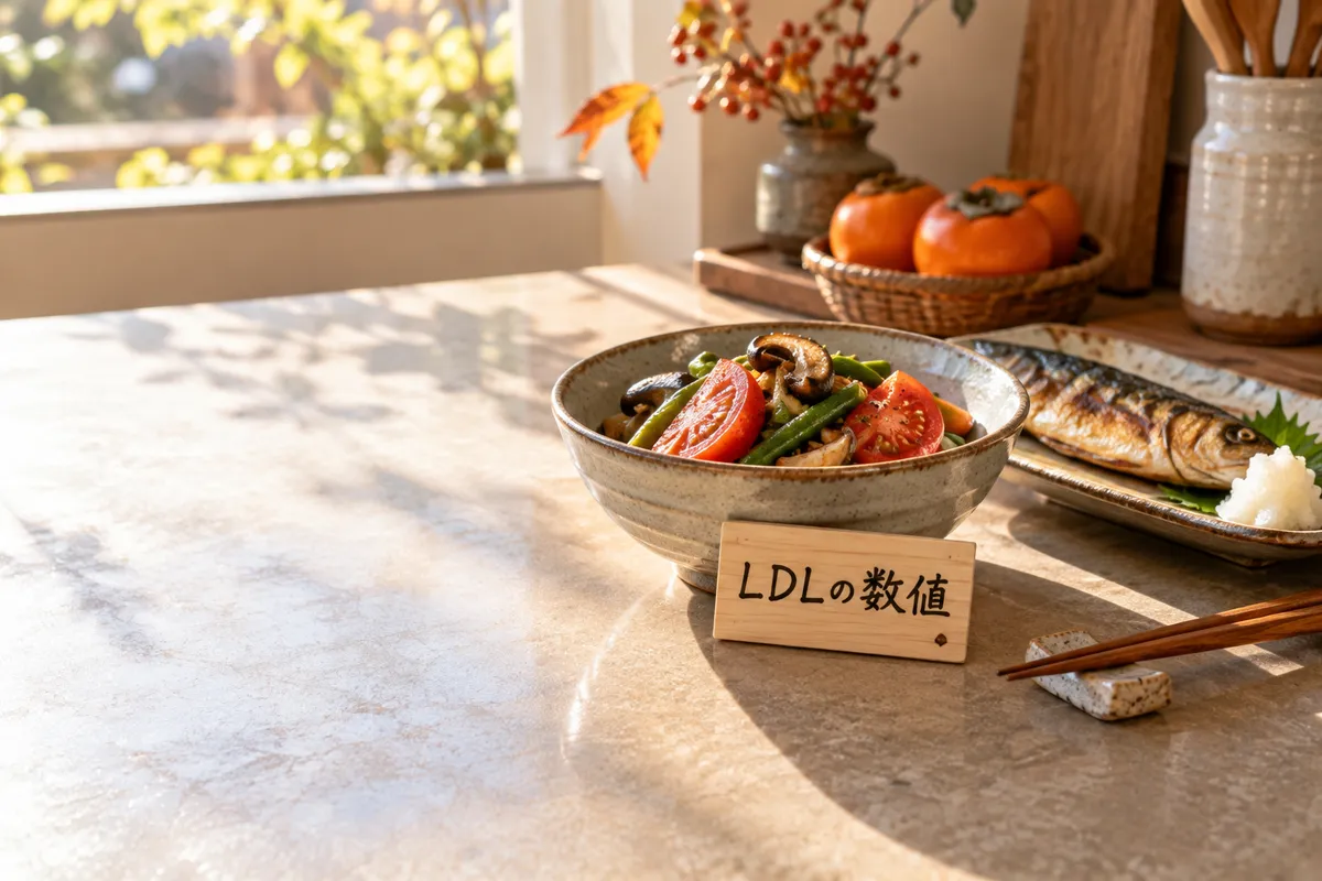 「LDLの数値」の木札と秋野菜、焼き魚の台所