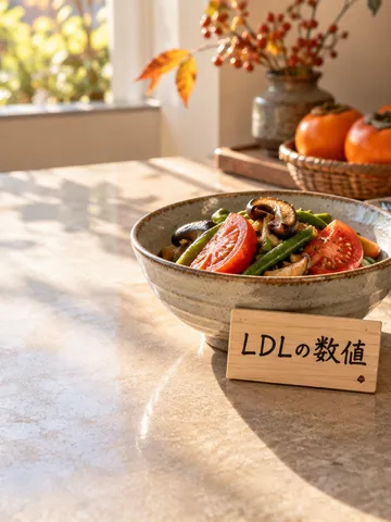 「LDLの数値」の木札と秋野菜、焼き魚の台所