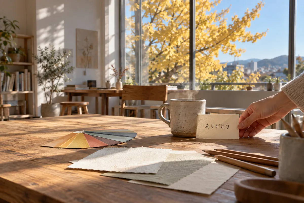 色見本と「ありがとう」のカードがある作業台