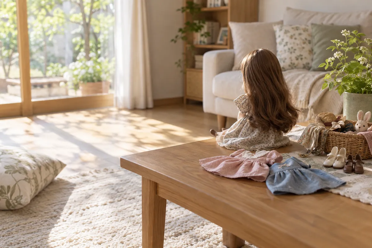 明るい部屋で小さな服と並ぶ着せ替え人形の後ろ姿