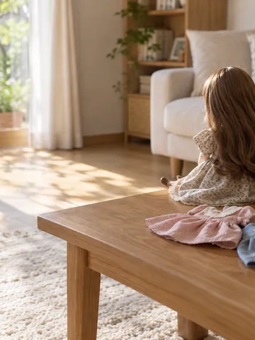 明るい部屋で小さな服と並ぶ着せ替え人形の後ろ姿