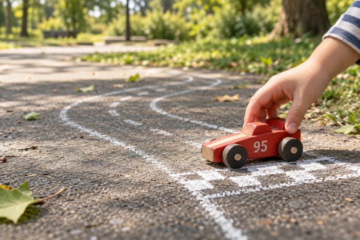 チョークのコースに置かれた「95」の赤いおもちゃのレーシングカー