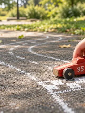 チョークのコースに置かれた「95」の赤いおもちゃのレーシングカー