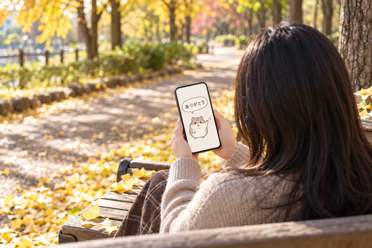 秋の公園のベンチでスマホのスタンプを見る手元