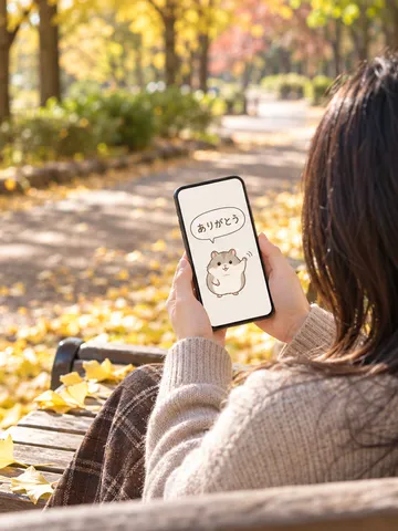 秋の公園のベンチでスマホのスタンプを見る手元