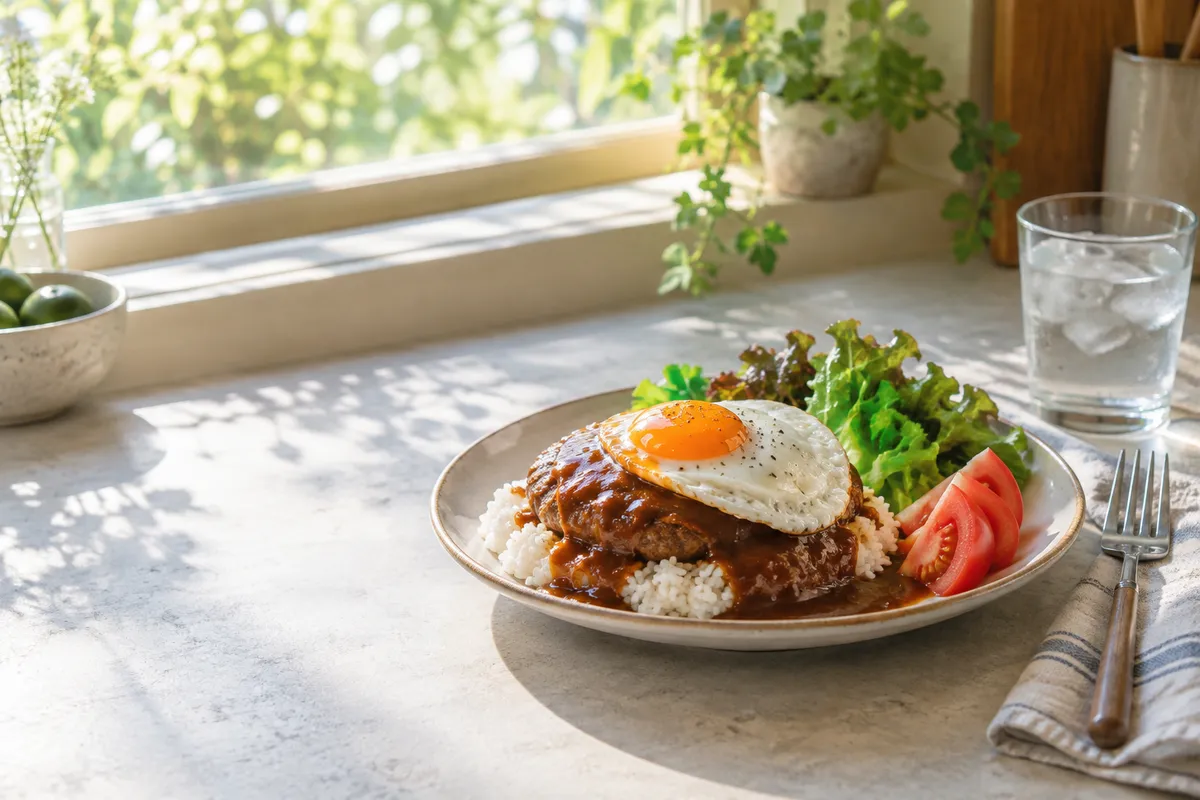 ハンバーグと目玉焼きがのったロコモコの皿
