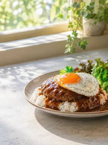 ハンバーグと目玉焼きがのったロコモコの皿