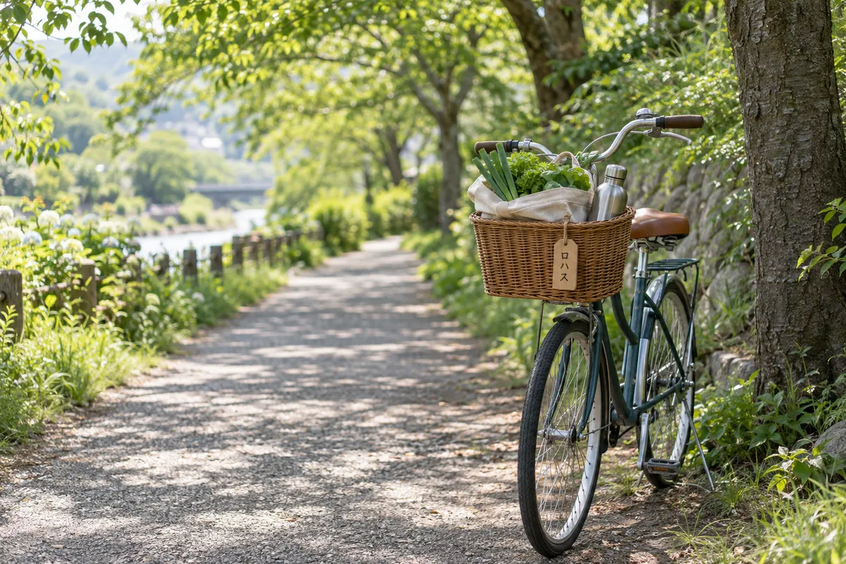 自転車のかごに野菜の布袋と水筒、ロハスの木札