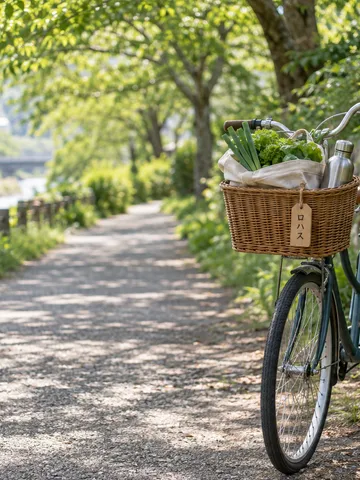 自転車のかごに野菜の布袋と水筒、ロハスの木札