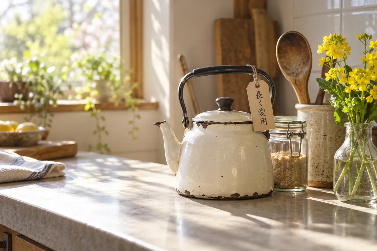 台所に並ぶ使い込んだ道具と「長く愛用」の札