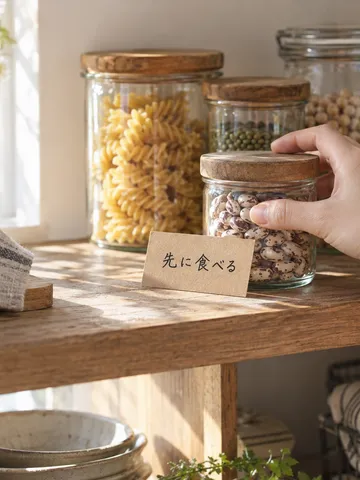 手前に寄せた食品の瓶と「先に食べる」の札