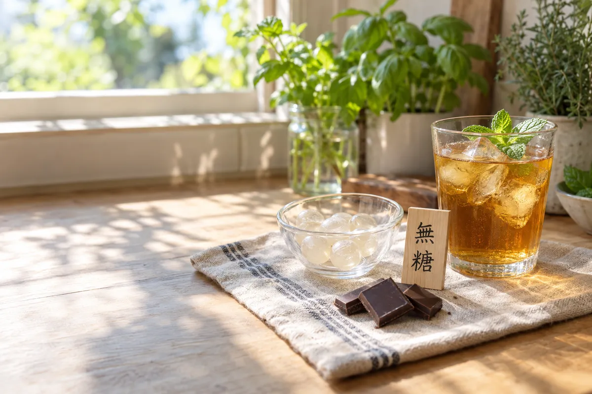 「無糖」の札と、お菓子と麦茶が並ぶ台所