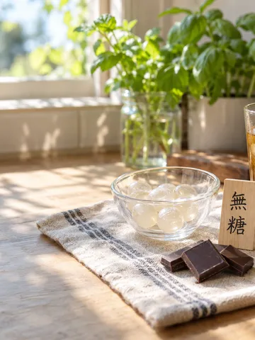 「無糖」の札と、お菓子と麦茶が並ぶ台所