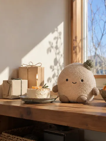 誕生日のケーキと手作りマスコット人形、みかん