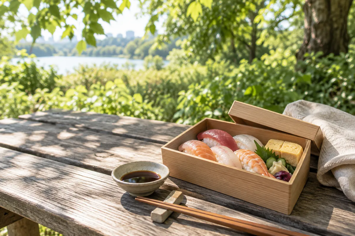 夏の公園のベンチに置かれたお寿司のお弁当