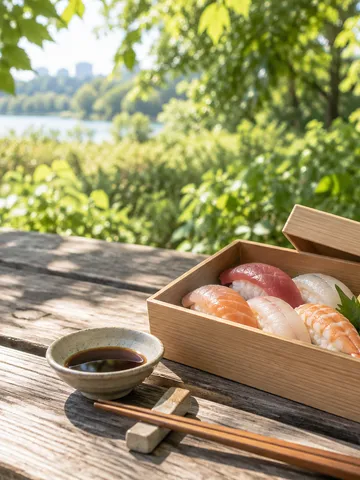 夏の公園のベンチに置かれたお寿司のお弁当