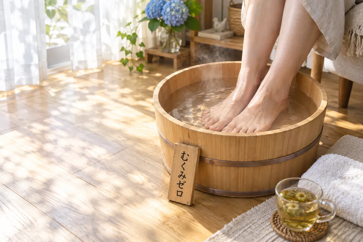 足湯の桶と「むくみゼロ」の木札、ハーブティー
