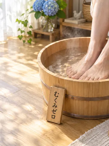 足湯の桶と「むくみゼロ」の木札、ハーブティー