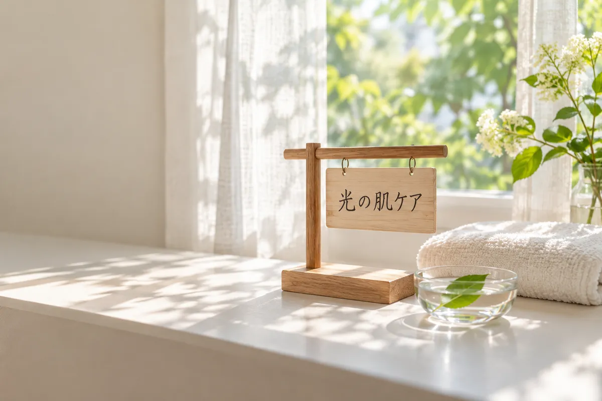 「光の肌ケア」と書かれた木の札とタオル