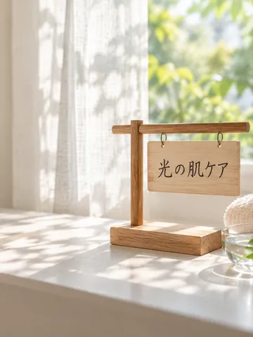 「光の肌ケア」と書かれた木の札とタオル