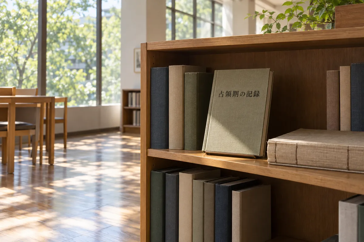 図書館の書棚に並ぶ「占領期の記録」の本