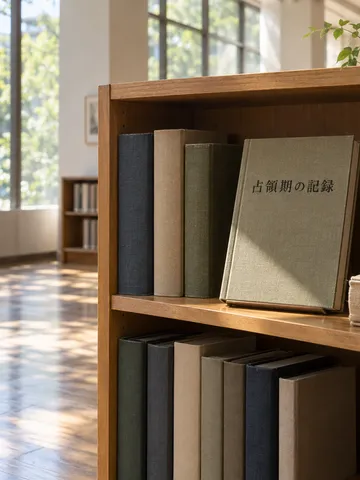 図書館の書棚に並ぶ「占領期の記録」の本