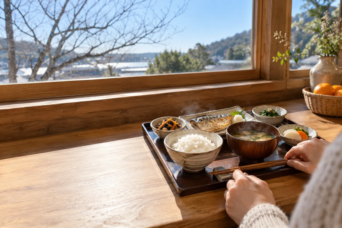日なたの食堂のカウンターに並ぶ温かい定食