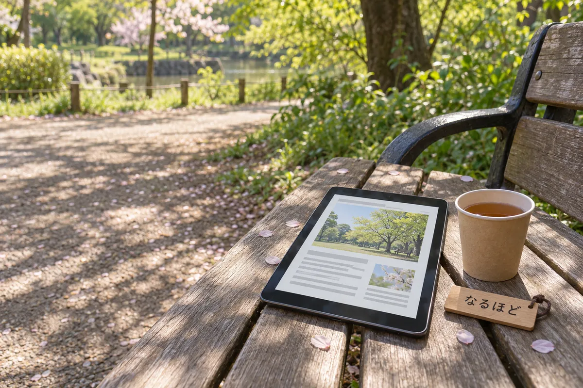 公園のベンチにあるニュース画面のタブレットと「なるほど」の木札