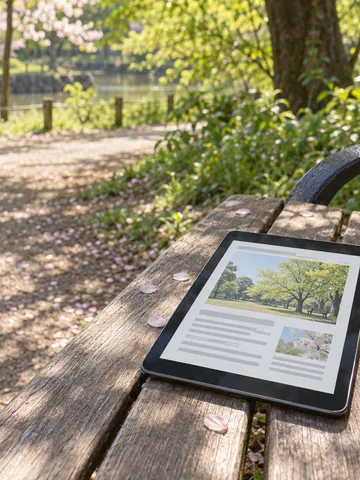 公園のベンチにあるニュース画面のタブレットと「なるほど」の木札
