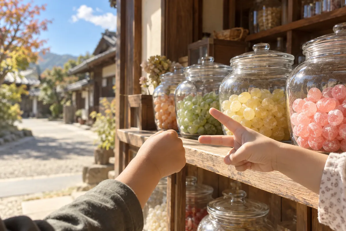 駄菓子屋の店先でじゃんけんをする子どもの手