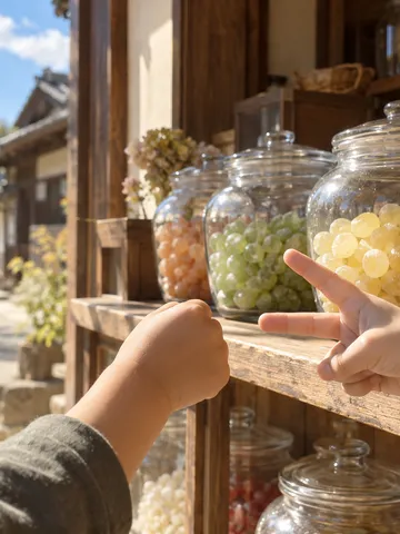 駄菓子屋の店先でじゃんけんをする子どもの手