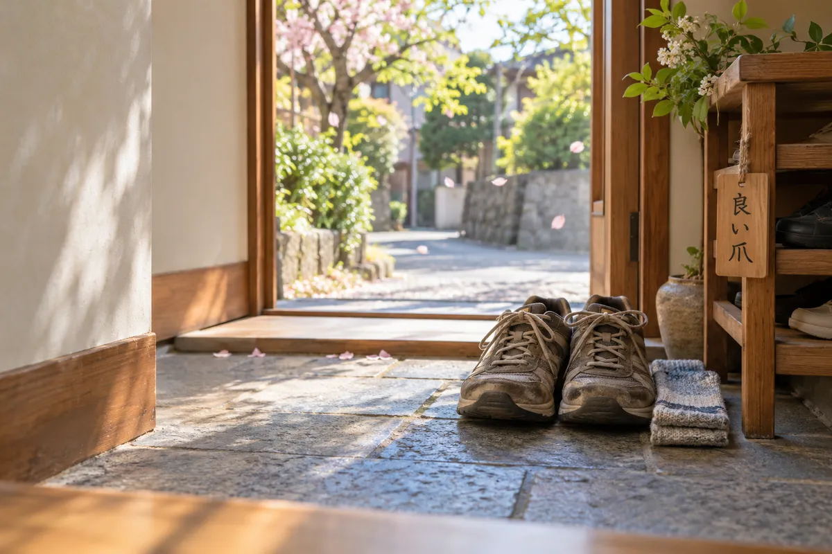日なたの玄関に並ぶ靴と「良い爪」の木札