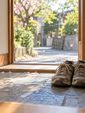 日なたの玄関に並ぶ靴と「良い爪」の木札