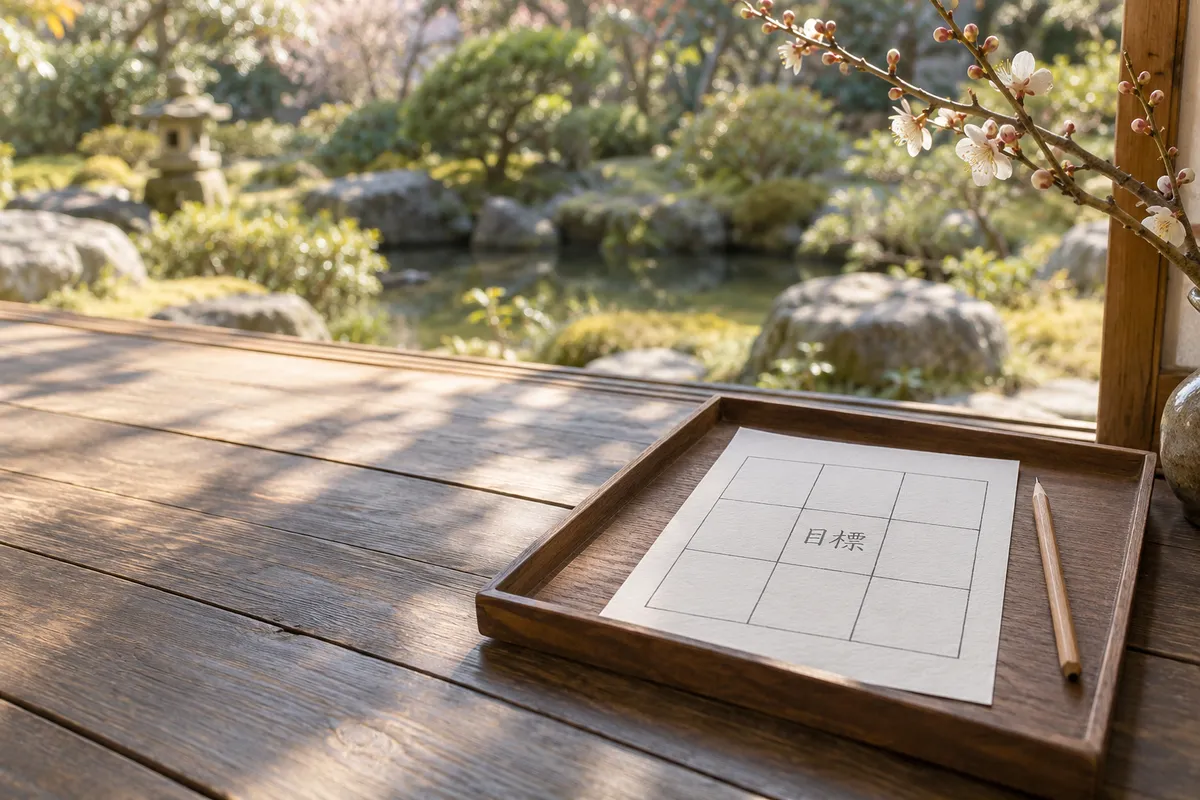 縁側の紙に描かれた9マスの中央に「目標」と書かれた様子