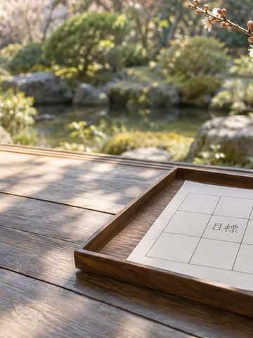 縁側の紙に描かれた9マスの中央に「目標」と書かれた様子