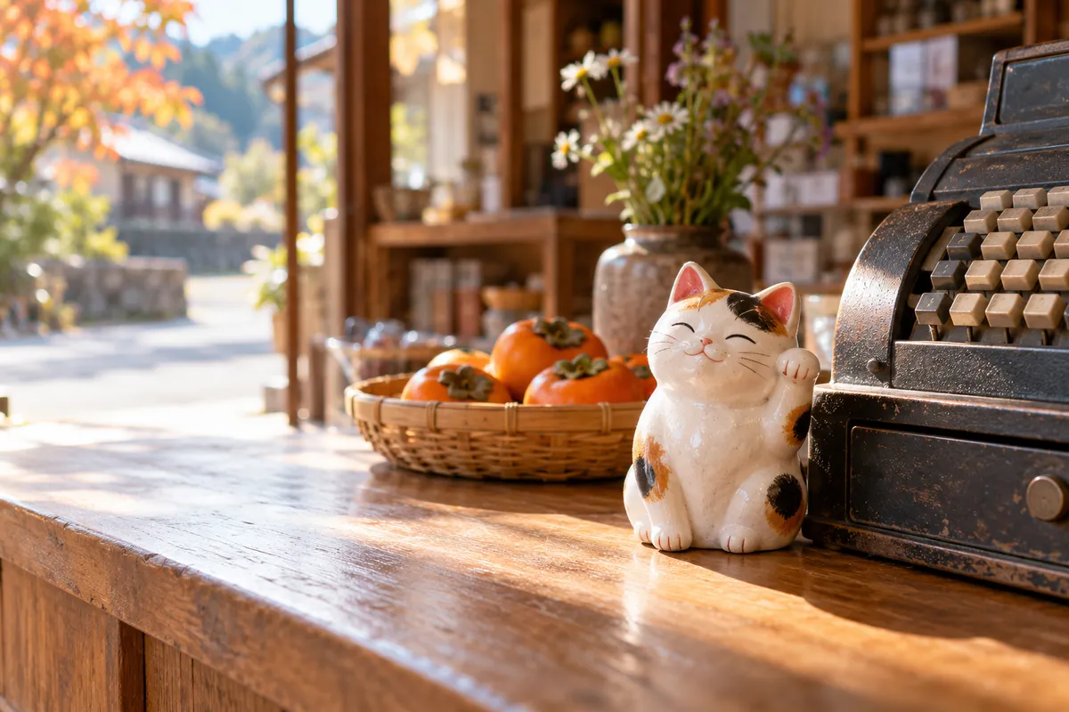 店のカウンターに座る招き猫と秋の柿
