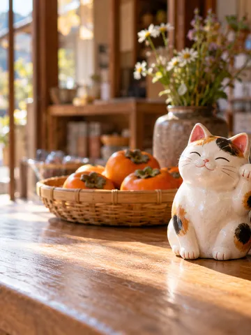 店のカウンターに座る招き猫と秋の柿