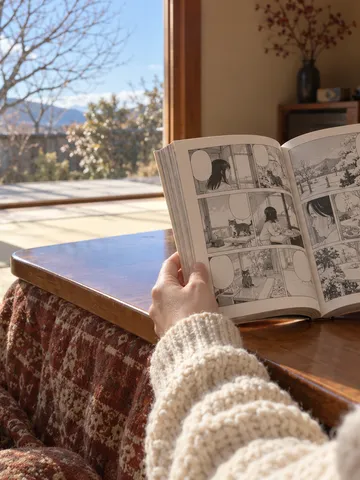 こたつの上で開かれた漫画本とみかん