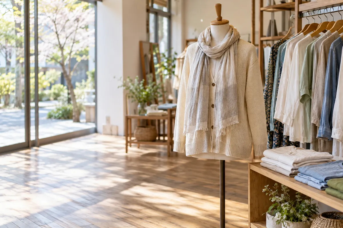 日差しの入る店内で春の服を着たマネキン人形