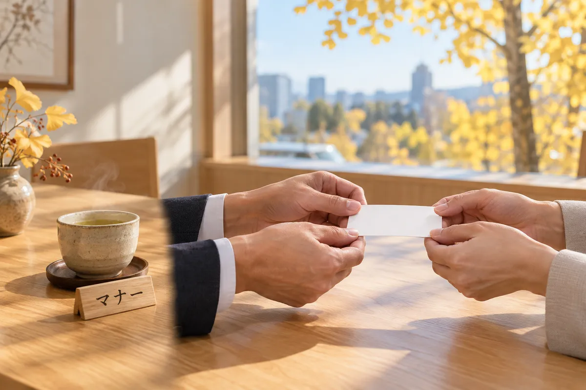 名刺を両手で渡す手元と「マナー」の木札、湯呑み