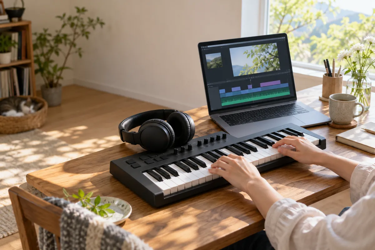 ヘッドホンと鍵盤、波形を映すノートPC