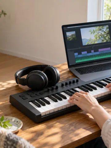 ヘッドホンと鍵盤、波形を映すノートPC