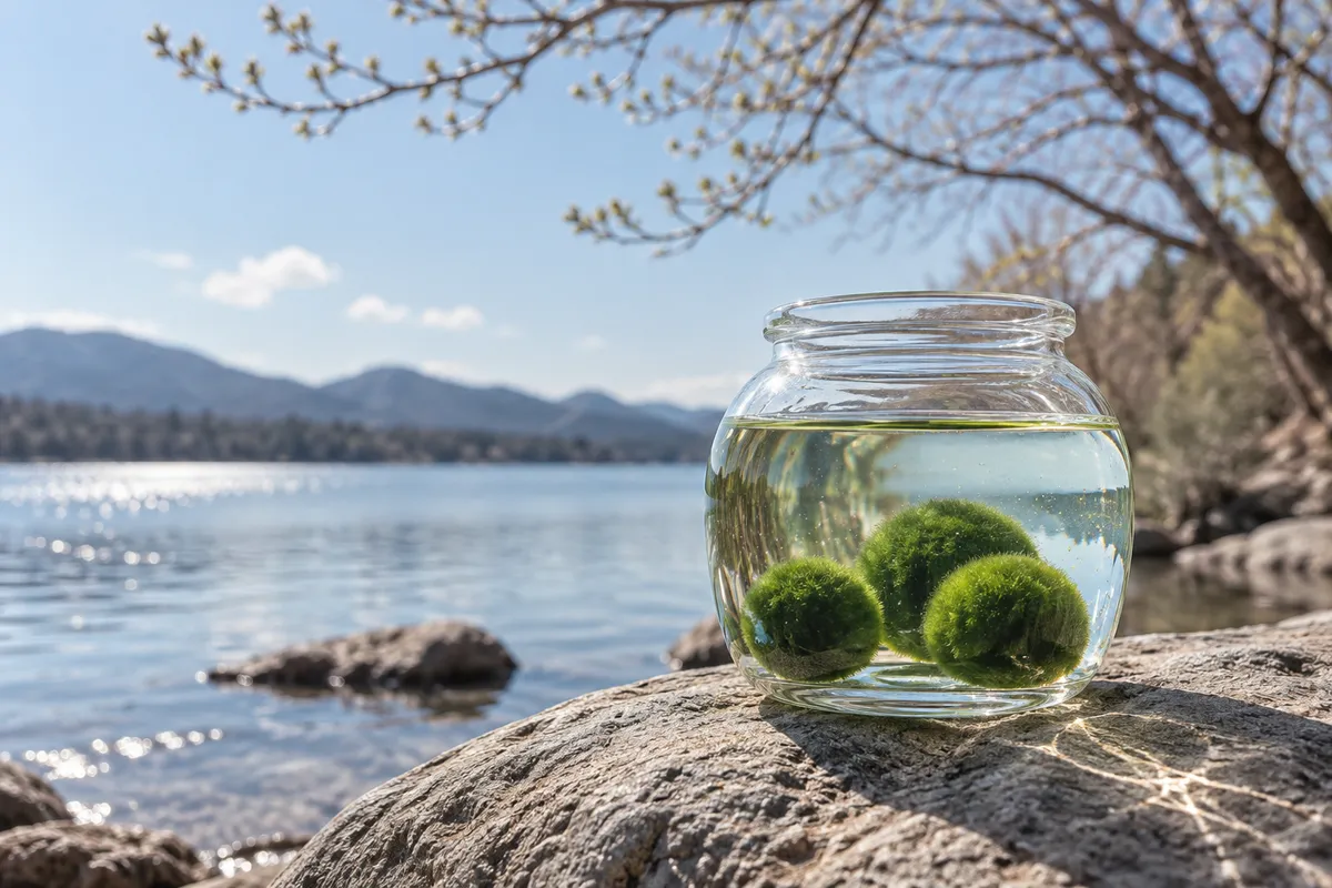 湖畔の石の上にある水を張った瓶の中のマリモ
